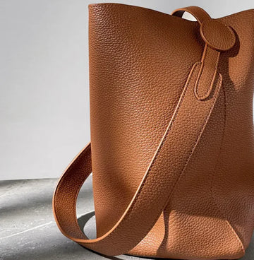 Textured Pebble Leather Wide Strap Bucket Shoulder Bag