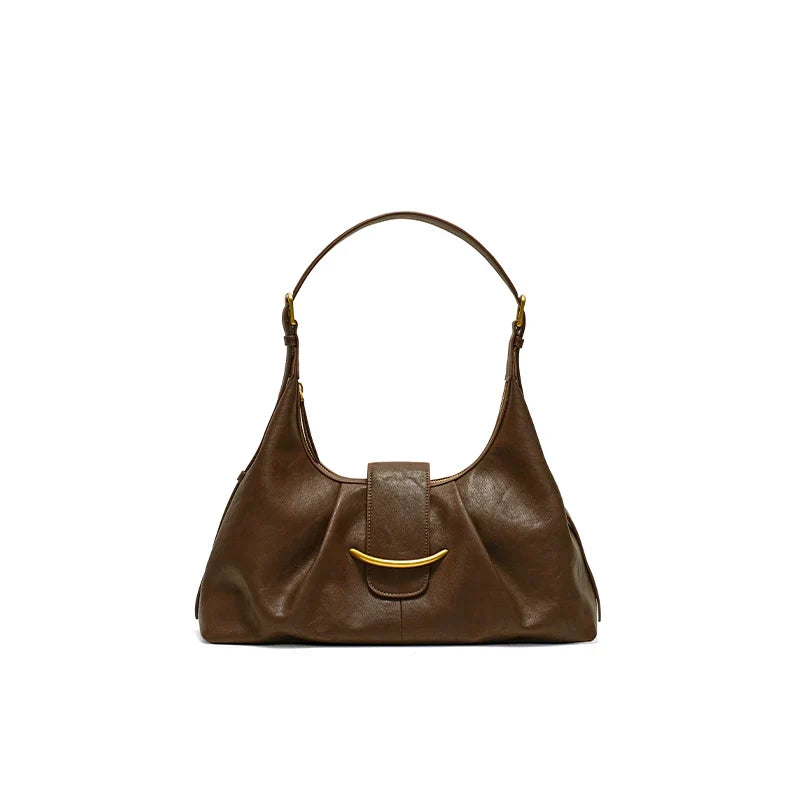 Soft Ruched Curved Metal Accent Shoulder Hobo Bag