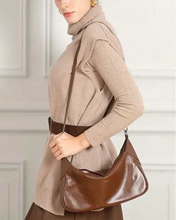 Convertible Glossy Brown Hobo Crossbody Bag