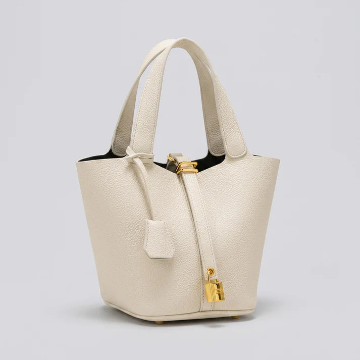 Textured Pebble Mini Lock Accent Bucket Tote Bag