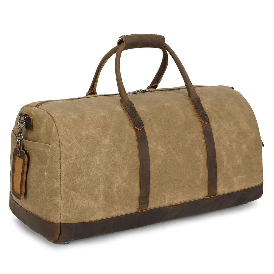 Waxed Canvas Crazy Horse Leather Trim Travel Duffle Bag
