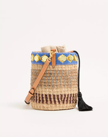 Ornamented Striped Woven Raffia Drawstring Bucket Crossbody Bag