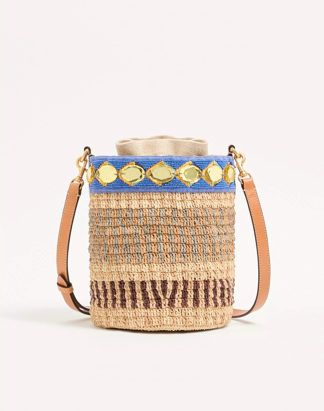 Ornamented Striped Woven Raffia Drawstring Bucket Crossbody Bag