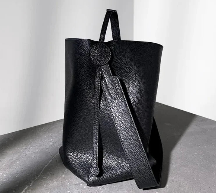 Textured Pebble Leather Wide Strap Bucket Shoulder Bag